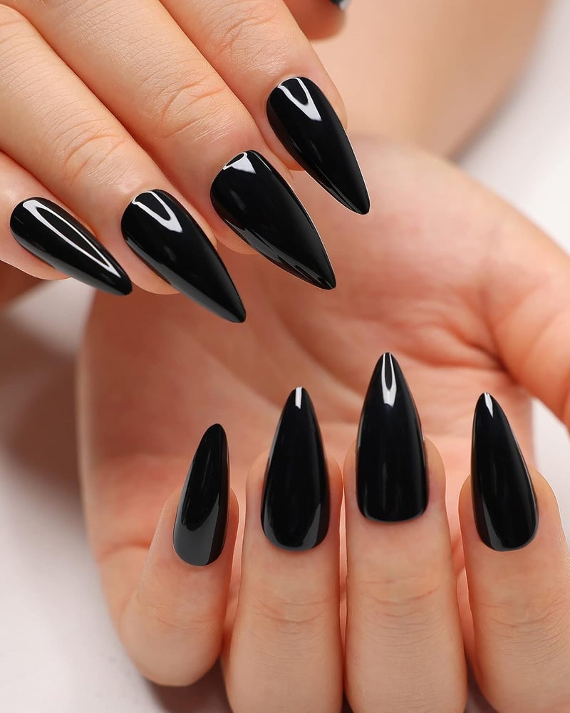 morily 24Pcs Black Press on Nails Stiletto Fake Nails Medium Length Almond False Nails Tips Long Acrylic Glossy Stick on Nail Solid Color Full Cover Fingernails Manicure for Women (Black) - Image 1